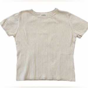 Vintage 90s classic elements small Ribbed Knit Top cream Short Sleeve Sweater